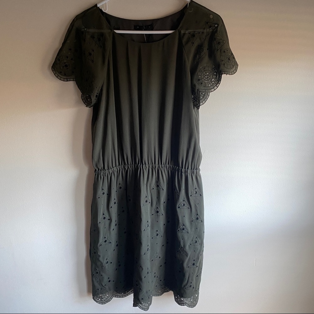 Madewell Women’s Olive Green Silk Mini Eyelet Triangle Detail Dress Size 6 NWT